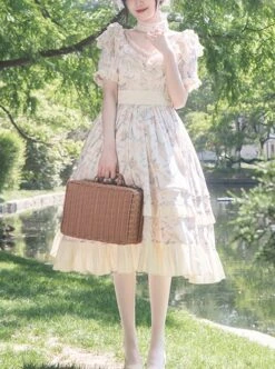 Summer Solstice Series Lace Translucent Design Daisy Cherry Floral Print Ruffle Hem Summer Classic Lolita Short Sleeve Dress -NAUS Lolita Shop 1 500x672 661