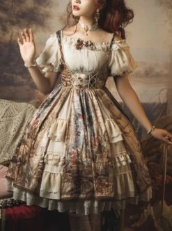 Classic Lolita JSK Jacquard White Lace Pleated Court Vintage Oil Painting Drawstring Metal Buttons Sling Dress -NAUS Lolita Shop 1 500x672 664