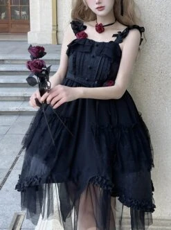 Moon God Dawn Series Irregular Mesh Hem Dark Jacquard Ruffle Slim Fit Rose Classic Lolita Sleeveless Dress