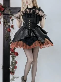 Dark Sweet Thin Waist Black Leather Hem Splice Jacquard Lace Gold Edge Buttons Gothic Lolita Sleeveless Dress -NAUS Lolita Shop 1 500x672 680