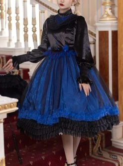 Lonely Laura Series Elegant Mysterious Jacquard Detachable Blue Rose Bowknot Lace Petal Hem Design Gothic Lolita Long Sleeve Dress -NAUS Lolita Shop 1 500x672 683