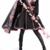Sakura Theme Black Pink Gradient Sweet Cool Military Lolita Sweet Side Shoulder 3D Flowers Cloak Long Sleeves Dress Set