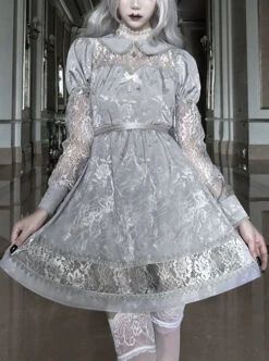 Rose Funeral Series White Gothic Lolita Dirty Dyed Jacquard Cute Doll Collar Long Sleeve Dress -NAUS Lolita Shop 1 500x672 687