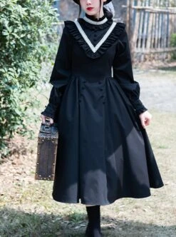 Olivia Series Black Small Stand Collar Ruffles White Round Splice V Shape Line Elegant Large Hem Gothic Lolita Lantern Long Sleeve Dress -NAUS Lolita Shop 1 500x672 697