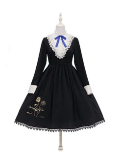 Master Reaper And Black Maid Series OP V-Neck Double Pleated Lace Flower Buttons Gold Rose Embroidery Simple Black Gothic Lolita Long Sleeve Dress -NAUS Lolita Shop 1 500x672 698