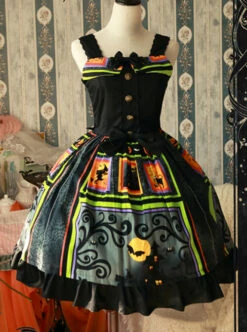 Magic Tea Party Black Spider Web Witch Castle Halloween Gothic Lolita Sling Dress -NAUS Lolita Shop 1 500x672 718