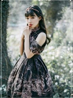 Black Kowloon Missing Shoulder Print Dress -NAUS Lolita Shop 1 500x672 725