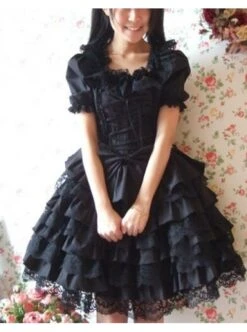 Black Short Sleeves Ruffle Sweet Cotton Lolita Dress -NAUS Lolita Shop 1 500x672 737