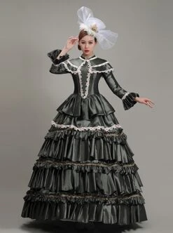 Dark Grey Shawl Collar Long Sleeve Lace Birthday Party Retro Court Lolita Prom Dress -NAUS Lolita Shop 1 500x672 74