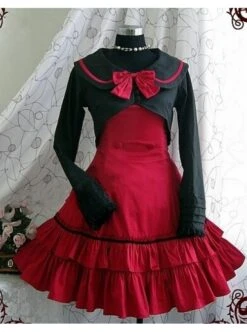 Red Long Sleeves Bow Preppy Style Cotton Sweet Lolita Dress With Cape -NAUS Lolita Shop 1 500x672 752