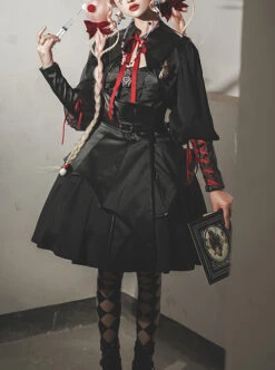 Dark Solid Gothic Halloween Style Irregular Cut At The Hem Bow Belt Decoration Lolita Witch Dress Set -NAUS Lolita Shop 1 500x672 763