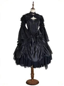 Black Lace Sling Corset Tail Top Flared Long Sleeve Fashion Ruffle Shawl Gothic Lolita Dress Set -NAUS Lolita Shop 1 500x672 768