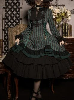 Gothic Style Elegant Retro Stand Collar Stripe Contrasting Color Slim Fit Gothic Lolita Long Sleeve Dress -NAUS Lolita Shop 1 500x672 773