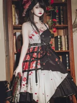 Thorn Rose Series Black White Contrasting Color Rose Thorn Print Irregular Hem Metal Chain Belt Decoration Gothic Lolita Sleeveless Dress -NAUS Lolita Shop 1 500x672 784