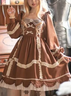 Bear Cookies Series OP Brown Pleated Plaid Bowknot Classic Lolita Long Sleeve Dress -NAUS Lolita Shop 1 500x672 79