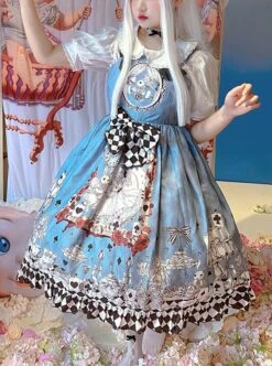 Gothic Style Alice Poker Black-White Plaid Printing Gray Blue Gothic Lolita Sleeveless Dress -NAUS Lolita Shop 1 500x672 790