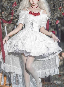 Letters And Poems Gunpowder Series White Pleated Lace Jacquard Drawstring Red Rose Embellishment PU Personalized Girdle Gothic Lolita Dress Set -NAUS Lolita Shop 1 500x672 791