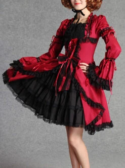 Retro Lace And Bind Strap Gothic Lolita Long Sleeve Dress -NAUS Lolita Shop 1 500x672 800