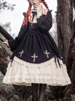 Starry Night Series Round Neck Bowknot Cute Girly Cross Embroidery Ruffle Hem Gothic Lolita Long Sleeve Dress -NAUS Lolita Shop 1 500x672 811