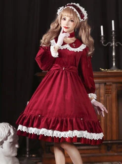 Vintage Velvet Pearl Jacquard Lace Gorgeous Back Slit Bowknot Gothic Lolita Long Sleeve Dress -NAUS Lolita Shop 1 500x672 817