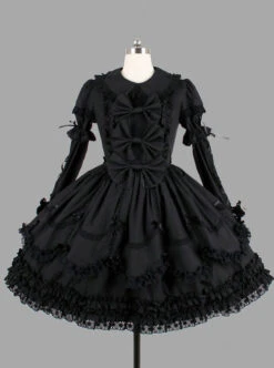 Black Elegant Bows Cotton Gothic Lolita Long Sleeve Dress -NAUS Lolita Shop 1 500x672 818