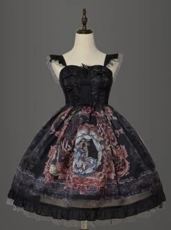Gothic Vintage Print Grape Bow Decorative Ruffle Hem Gothic Lolita Sleeveless Dress -NAUS Lolita Shop 1 500x672 820