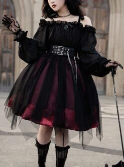 Solid Color Two-Wear Off-The-Shoulder Lantern Sleeve Metal Chain Waistband Irregular Hem Gothic Lolita Long-Sleeved Dress -NAUS Lolita Shop 1 500x672 827
