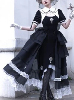 Undead Prayer Series Nun Style Black-White Cross Embroidered Fishtail Skirt Lace Cover Skirt Gothic Lolita Short-Sleeved Dress -NAUS Lolita Shop 1 500x672 840