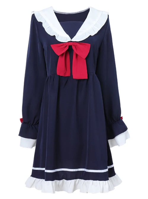 Blue Long Sleeves Bow Chiffon School Lolita Dress 2 Blue Long Sleeves Bow Chiffon School Lolita Dress - Image 2