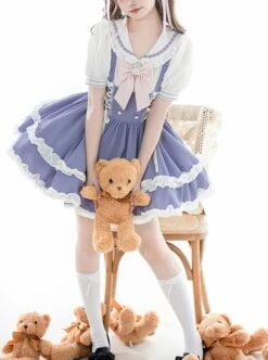 Summer Sea Salt Series College Navy Collar Ruffle Puff Sleeve Blue White Bunny Ears Ribbon Bowknot School Lolita Dress -NAUS Lolita Shop 1 500x672 880