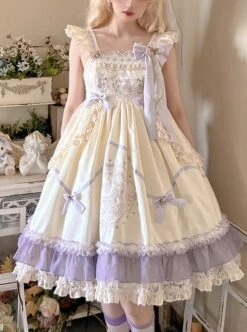 Cute Princess Printed Bowknot Decorated Lace Ruffled Big Hem Sweet Lolita Sleeveless Dress -NAUS Lolita Shop 1 500x672 916