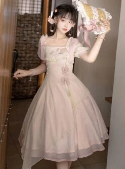 Chinese Style Pink Elegant Square Neck Embroidered Slim Fit Han Element Irregular Hem Classic Lolita Short Sleeve Dress -NAUS Lolita Shop 10 500x672 101