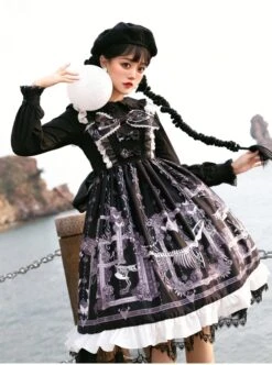 Lost Dreams Series JSK Bowknot Retro Printing Darkness Gothic Lolita Sling Dress -NAUS Lolita Shop 10 500x672 108
