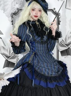 Gothic Style Elegant Retro Stand Collar Stripe Contrasting Color Slim Fit Gothic Lolita Long Sleeve Dress -NAUS Lolita Shop 10 500x672 116