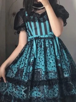 Striped Witch Cat Print Detachable Black Star Lace Net Yarn Halloween Gothic Lolita Sleeveless Dress -NAUS Lolita Shop 10 500x672 123