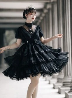Solid Color Translucent V-Neck Design Bow-Knot Multi-Layer Lace Hem Elegant Classic Lolita Short Sleeve Dress -NAUS Lolita Shop 10 500x672 16