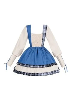 Sweet-Cool Girl Square Collar Bowknot Lace Decoration Denim Plaid Contrast Color Splicing Irregular Sweet Lolita Long-Sleeved Dress -NAUS Lolita Shop 10 500x672 178