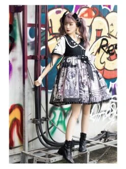 Little Tengu Series OP Doll Collar Printing Black Cute Gothic Lolita Short Sleeve Dress -NAUS Lolita Shop 10 500x672 19
