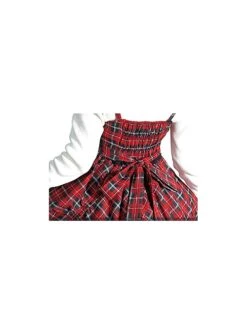 Punk Lolita Bowknot Plaid Black Single Row Pleats Double Lace Drawstring Irregular Hem Design Sling Dress -NAUS Lolita Shop 10 500x672 193