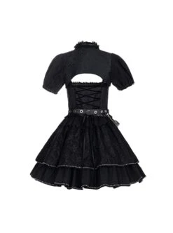 Black Satin Jacquard Metal Chain Decorate Belt Shawl Sleeves Multi-Wear Punk Lolita Sleeveless Dress Set -NAUS Lolita Shop 10 500x672 196
