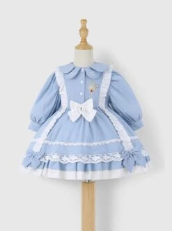 Blue Lovely Petal Collar Embroidered Pleated Ruffle Lace Lantern Sleeve Bow Classic Lolita Kids Long Sleeve Dress -NAUS Lolita Shop 10 500x672 203