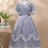 Delicate Lace Jacquard Embroidery Crinkled Mesh Fabric Sexy Deep V Neckline Design Ribbon Bow Decoration Classic Lolita Dress