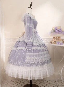 Delicate Ornate Pleated Embroidered Lace Layered Hem Cross Straps Bow Knot Classic Lolita Long Sleeve Dress -NAUS Lolita Shop 10 500x672 30