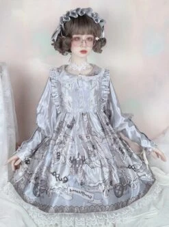 Cute Lace Doll Collar Lamb Leg Sleeves Lace-Up Design Reflective Satin Print Classic Lolita Long Sleeve Dress -NAUS Lolita Shop 10 500x672 58