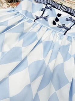 Square Neck Striped Bow Puff Sleeves Check Print Heart Embellished Bib Classic Lolita Short Sleeve Dress -NAUS Lolita Shop 10 500x672 74