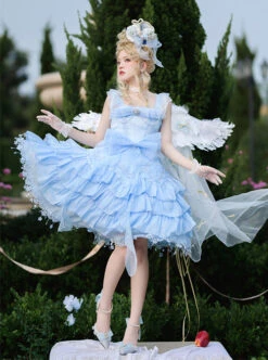 Snow Series JSK Solid Color Layered Pleated Lace Jacquard Star Embroidery Hem Bow Knot Decoration Sequin Pearl Classic Lolita Dress -NAUS Lolita Shop 10 500x672 76