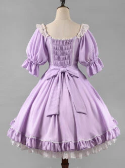Classic Lolita Solid Color Vertical Pattern Design Pleated Ruffle Neckline Bow Knot Decoration Short Sleeve Dress -NAUS Lolita Shop 10 500x672 94