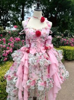 Rose Floral Print Stereoscopic Rose Bowknot Decoration Oversized Bowknot Trailing Design Backless Classic Lolita Sleeveless Dress -NAUS Lolita Shop 10 500x672 95