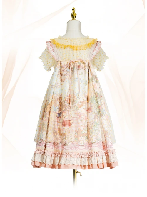 Afternoon Sweet Tea Series JSK Wave Dot Tulle Hem Cute Printing Sweet Lolita Yellow Sling Dress Short Sleeve Shirt Set 3 Afternoon Sweet Tea Series JSK Wave Dot Tulle Hem Cute Printing Sweet Lolita Yellow Sling Dress Short Sleeve Shirt Set - Image 3
