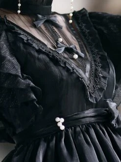 Solid Color Translucent V-Neck Design Bow-Knot Multi-Layer Lace Hem Elegant Classic Lolita Short Sleeve Dress -NAUS Lolita Shop 11 500x672 11